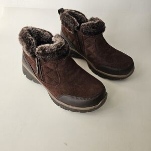 Skechers Girls Brown Ankle Booties Suede Faux Fur Trim Size 5 Relaxed Fit